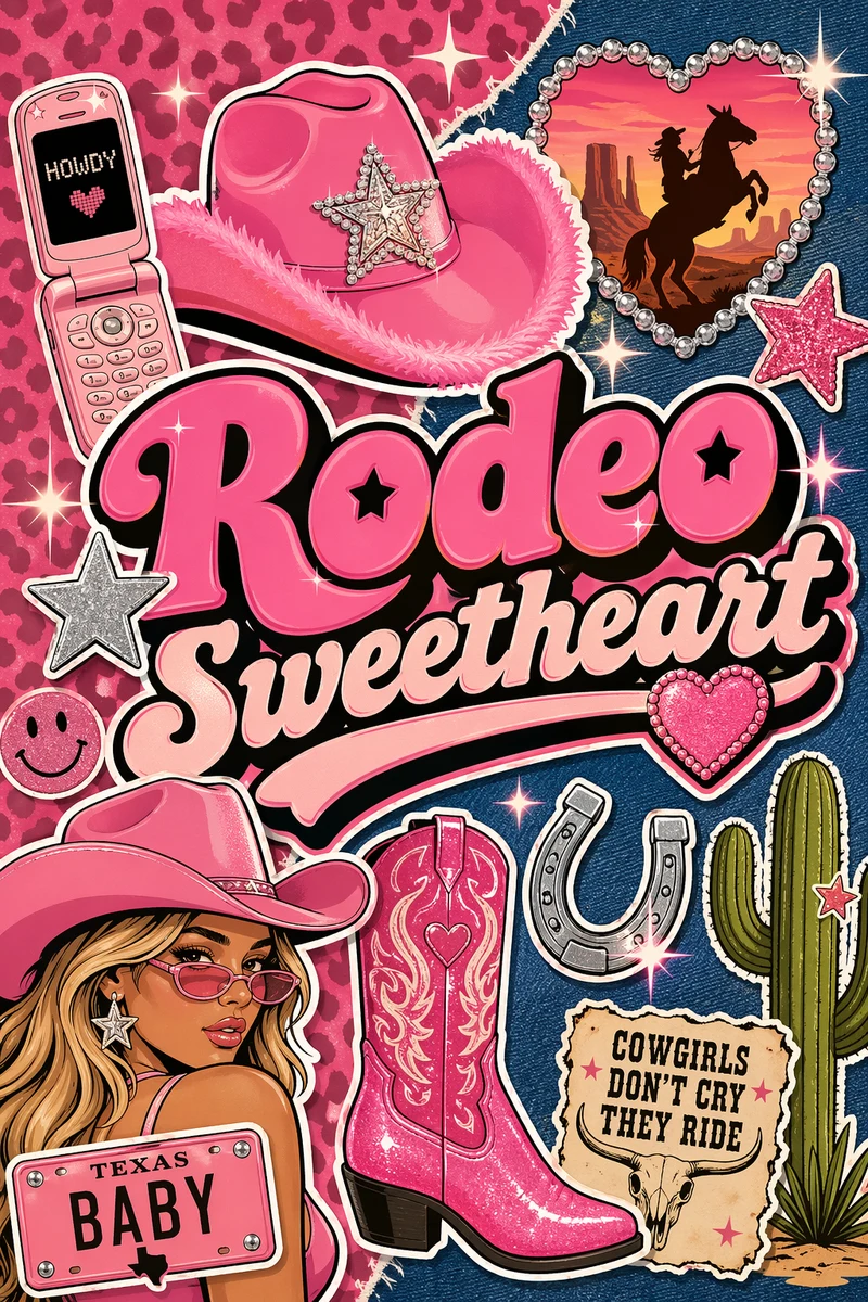 Яркий розовый коллаж Rodeo Sweetheart с ковбойскими мотивами