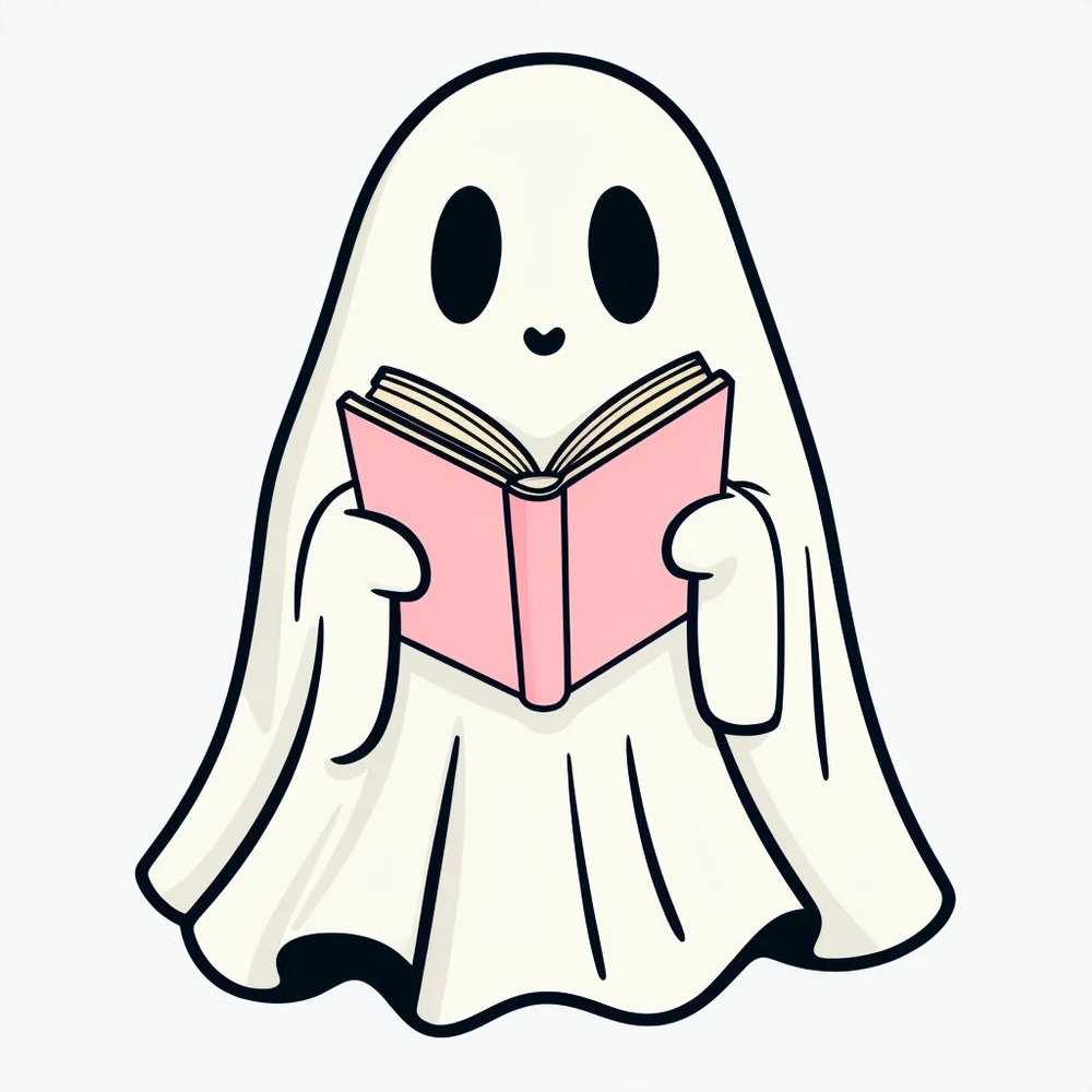 Стикер с маленьким призраком, читающим розовую книгу
