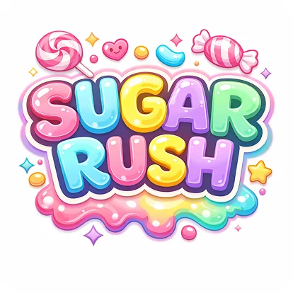Яркий логотип кондитерской Sugar Rush с леденцами и объёмными буквами